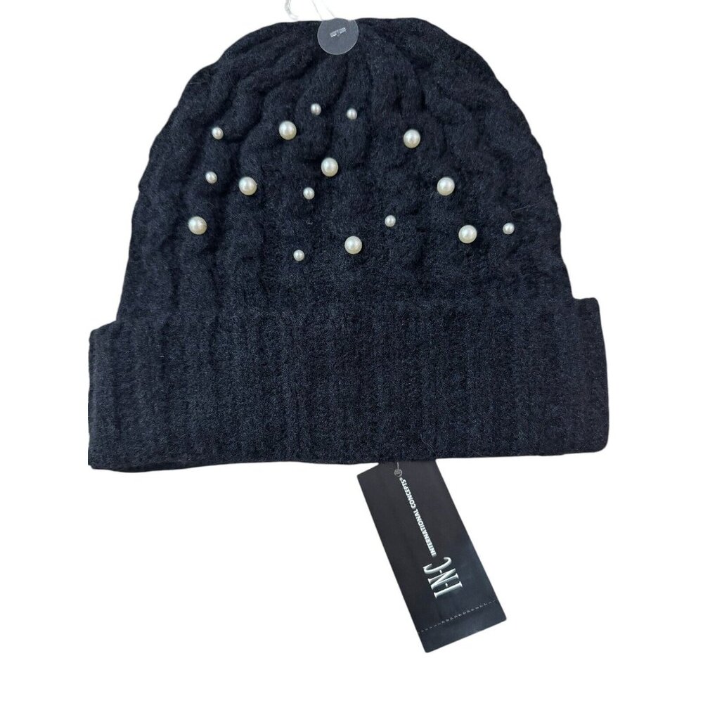 INC‎ International Concepts Black Knit Beanie Faux Pearl Embelishments